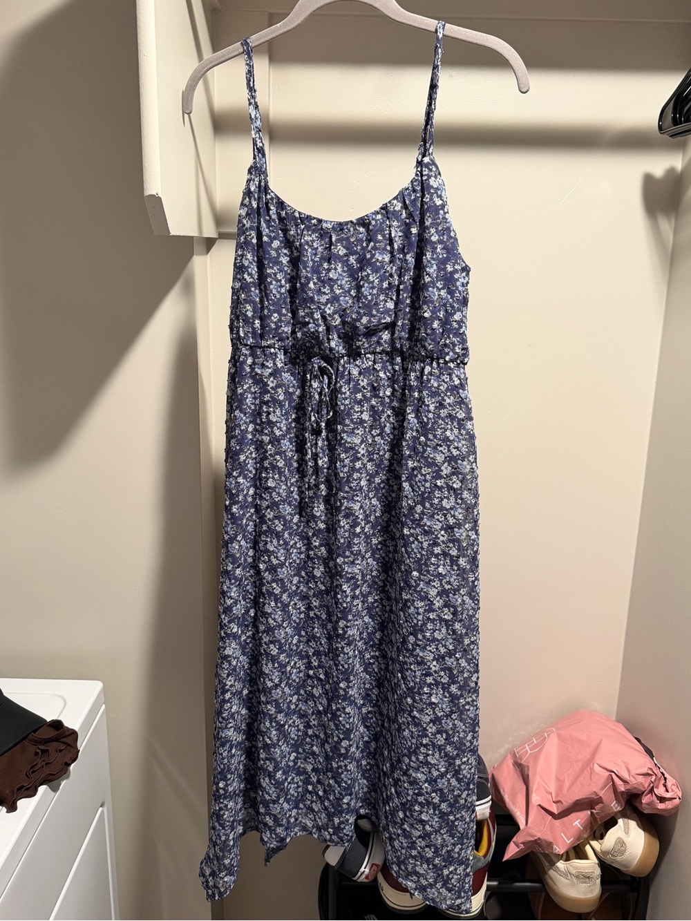 Kohl's Navy Blue Floral Midi Dress with Drawstring Waist